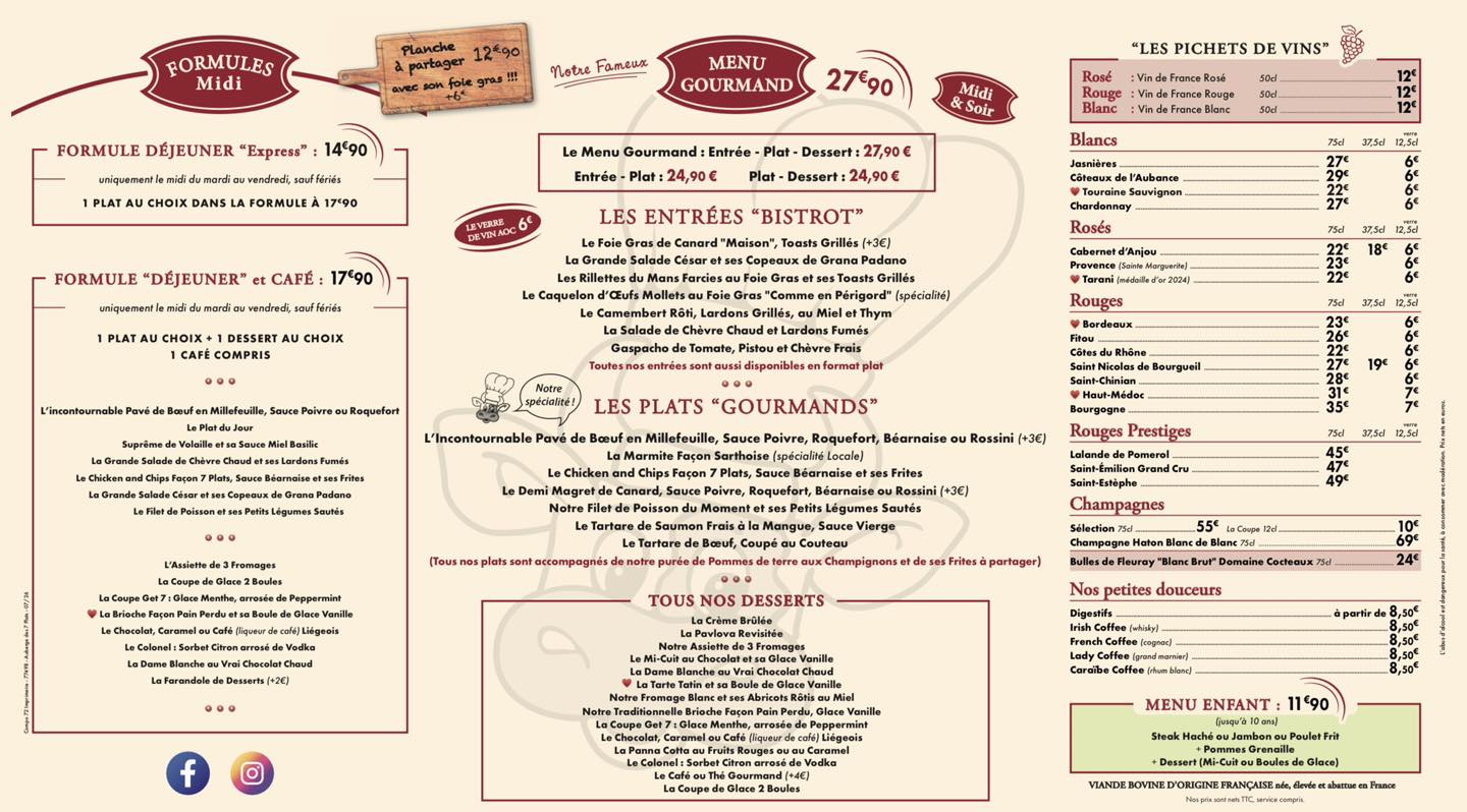 Carte de L'Auberge des 7 Plats